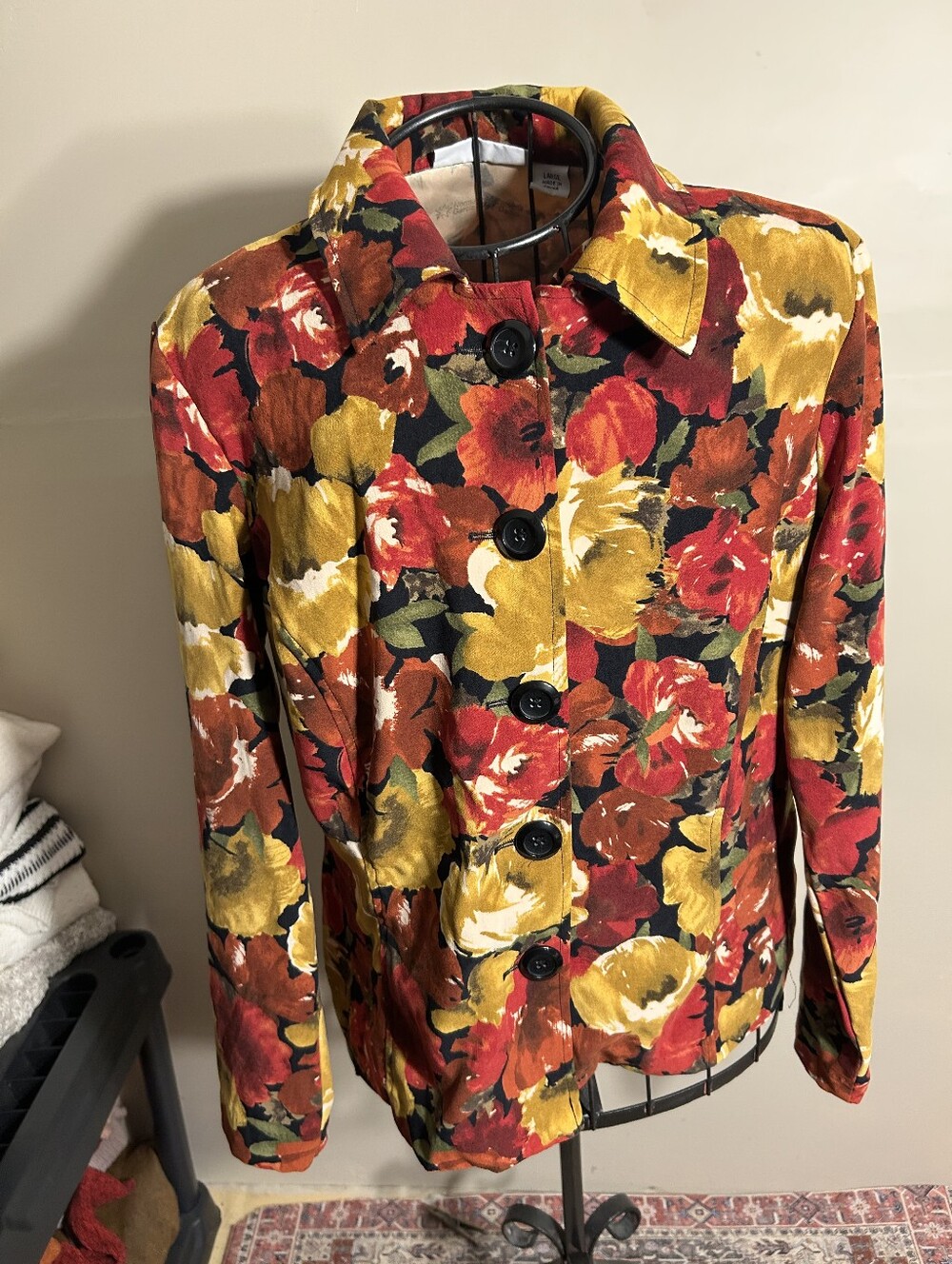 vintage size large print  wear shirt womens blouse casual dress button  red